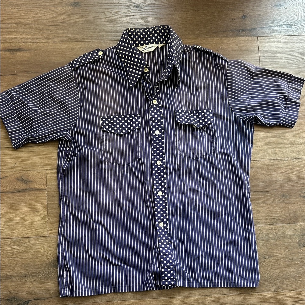 Lancer Vintage Striped Short-Sleeve Button-Down Shirt with Polka Dot Trim !! XL